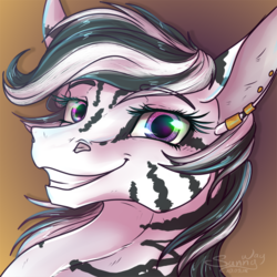Size: 800x800 | Tagged: safe, artist:sunny way, oc, oc only, oc:bakari ionnari, pony, zebra, rcf community, bust, commission, ear piercing, earring, gradient background, happy, jewelry, looking at you, piercing, portrait, smiling, solo, stripes, teeth, zebra oc