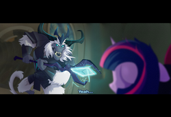 Size: 3504x2412 | Tagged: safe, artist:batonya12561, storm king, tempest shadow, twilight sparkle, alicorn, pony, unicorn, g4, my little pony: the movie, attempted murder, female, high res, letterboxing, male, mare, scene interpretation, staff, staff of sacanas, trio, twilight sparkle (alicorn), widescreen