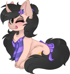 Size: 818x870 | Tagged: safe, artist:_spacemonkeyz_, oc, oc only, pony, unicorn, bow, clothes, curved horn, female, horn, mare, scarf, simple background, sitting, solo, tail bow, tongue out, white background
