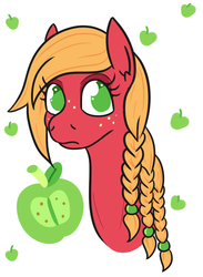Size: 566x773 | Tagged: safe, artist:jargon scott, big macintosh, earth pony, pony, g4, apple, braid, bust, female, food, looking at you, macareina, mare, rule 63, solo