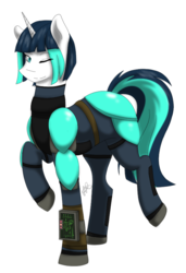 Size: 581x851 | Tagged: safe, artist:scarletsfeed, oc, oc only, oc:dragonfire, pony, unicorn, fallout equestria, fallout equestria: child of the stars, armor, cute, fallout, fanfic art, female, looking at you, mare, one eye closed, pipbuck, simple background, solo, transparent background, wink