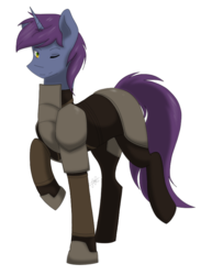 Size: 650x843 | Tagged: safe, artist:scarletsfeed, oc, oc only, oc:vertigo, pony, fallout equestria, fallout equestria: child of the stars, armor, cute, fallout, fanfic art, looking at you, male, one eye closed, simple background, solo, stallion, transparent background, wink