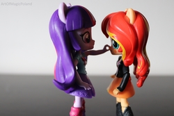 Size: 6000x4000 | Tagged: safe, artist:artofmagicpoland, sunset shimmer, twilight sparkle, equestria girls, g4, boop, doll, equestria girls minis, female, got your nose, lesbian, ship:sunsetsparkle, shipping, toy