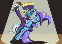 Size: 3508x2480 | Tagged: safe, artist:peichenphilip, jack pot, trixie, pony, unicorn, g4, blushing, cape, clothes, father and daughter, female, flower, hat, high res, implied incest, incest, male, ship:jackxie, shipping, spotlight, straight, trixie's cape, trixie's hat