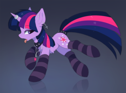 Size: 1280x943 | Tagged: safe, artist:hioshiru, twilight sparkle, pony, unicorn, g4, chest fluff, clothes, collar, ear fluff, ear piercing, eyeshadow, female, horn, horn ring, jewelry, makeup, mare, necklace, open mouth, piercing, running, socks, solo, stockings, striped socks, thigh highs, tongue out, tongue piercing, unicorn twilight