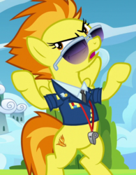 Size: 556x712 | Tagged: safe, screencap, spitfire, pegasus, pony, g4, the washouts (episode), air quotes, cropped, female, mare, solo, wings