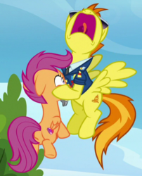 Size: 404x501 | Tagged: safe, screencap, scootaloo, spitfire, pegasus, pony, g4, the washouts (episode), cropped, cutie mark, female, nose in the air, out of context, the cmc's cutie marks, volumetric mouth