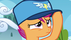 Size: 1280x720 | Tagged: safe, screencap, scootaloo, pony, g4, the washouts (episode), female, filly, foal, hat, solo, wonderbolts logo