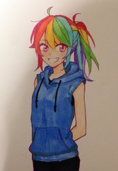 Size: 1414x2047 | Tagged: safe, artist:dcon, rainbow dash, human, equestria girls, g4, female, human coloration, humanized, solo, traditional art
