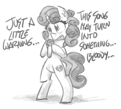Size: 500x452 | Tagged: safe, artist:flutterthrash, sweetie belle, pony, unicorn, g4, dialogue, female, filly, grayscale, microphone, monochrome, open mouth, solo