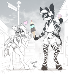 Size: 1985x2164 | Tagged: source needed, safe, artist:ralek, oc, oc:alhazred, oc:teacup cake, bird, pegasus, seagull, zebra, anthro, unguligrade anthro, allycup, beach, belly button, boardwalk, bow, clothes, cute, date, female, food, heart, hoof shoes, hot pants, ice cream, ice cream cone, interspecies, male, monochrome, oc x oc, partial color, sandals, shipping, size difference, sprinkles, straight, swimsuit, tail bow, trap, wings