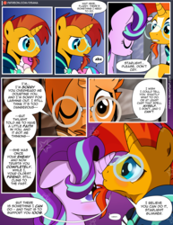 Size: 1275x1650 | Tagged: safe, artist:dsana, princess flurry heart, starlight glimmer, sunburst, pony, unicorn, comic:the shadow shard, g4, blushing, comic, female, floppy ears, forehead kiss, male, ship:starburst, shipping, straight, this will end in death, this will end in tears and/or death, this will not end well