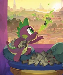 Size: 443x527 | Tagged: source needed, safe, spike, dragon, g4, my little pony: the movie, official, artwork, claws, cropped, crystal empire, dragon mail, fire, fire breath, letter, male, ponyville, solo