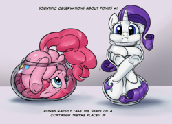 Size: 2484x1794 | Tagged: safe, artist:pencils, pinkie pie, rarity, earth pony, pony, unicorn, g4, :i, :t, adorable distress, balloonbutt, behaving like a cat, both cutie marks, bottle, butt, cartoon physics, cute, diapinkes, dock, female, frog (hoof), frontbend, horn, if i fits i sits, looking at you, mare, misleading thumbnail, plot, ponies are liquid, pony in a bottle, puffy cheeks, raribetes, simple background, smiling, stuck, underhoof