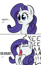 Size: 1650x2615 | Tagged: safe, artist:artiks, rarity, pony, g4, 2 panel comic, ><, comic, dialogue, eyes closed, female, mare, not the father, simple background, solo, wat, white background, yeah!!!!!!!!