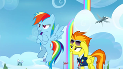 Size: 1280x720 | Tagged: safe, screencap, rainbow dash, spitfire, pegasus, pony, g4, the washouts (episode), clothes, cloud, duo, female, glasses, lidded eyes, mare, pouting, rainbow, rainbow waterfall, scrunchy face, uniform, whistle, wonderbolts, wonderbolts headquarters, wonderbolts uniform