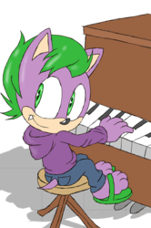 Size: 1821x2745 | Tagged: safe, artist:atomiclance, spike, dragon, mobian, g4, clothes, crossover, fangs, hoodie, male, musical instrument, pants, paws, piano, smiling, sonic the hedgehog, sonic the hedgehog (series)