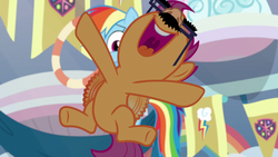 Size: 1280x720 | Tagged: safe, screencap, rainbow dash, scootaloo, g4, marks for effort, belly, buzzing wings, disguise, excited, flapping, floating, groucho mask, nose in the air, open mouth, volumetric mouth