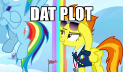 Size: 720x421 | Tagged: safe, edit, edited screencap, screencap, rainbow dash, spitfire, pegasus, pony, g4, the washouts (episode), butt, clothes, cloud, cropped, dat ass, duo, eyes on the prize, female, glasses, image macro, implied lesbian, implied spitdash, looking at butt, mare, meme, necktie, plot, rainbow waterfall, scrunchy face, spitfire's tie, uniform, wonderbolts, wonderbolts dress uniform
