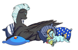 Size: 1024x663 | Tagged: safe, artist:paris-the-platypus, thunderlane, oc, pegasus, pony, g4, father and daughter, female, filly, male, offspring, parent:rainbow dash, parent:thunderlane, parents:thunderdash, pillow, prone, simple background, sleeping, transparent background