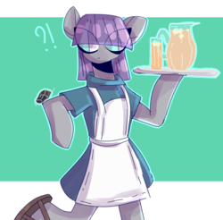 Size: 2544x2500 | Tagged: safe, artist:tigra0118, boulder (g4), maud pie, earth pony, semi-anthro, g4, apron, clothes, cup, cute, exclamation point, eye clipping through hair, female, glass, high res, ice cube, interrobang, juice, lidded eyes, makeup, maudabetes, pitcher, question mark, sandals, solo