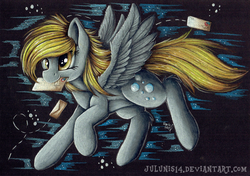 Size: 1024x722 | Tagged: safe, artist:julunis14, derpy hooves, pegasus, pony, g4, envelope, female, flying, mail, mare, mouth hold, solo, traditional art