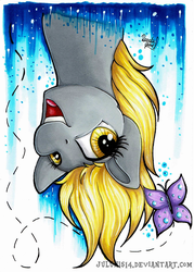 Size: 1024x1433 | Tagged: safe, artist:julunis14, derpy hooves, butterfly, pony, g4, cute, female, mare, smiling, upside down