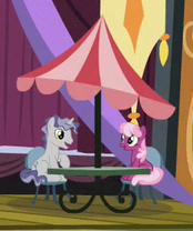 Size: 174x208 | Tagged: safe, screencap, cheerilee, star bright, earth pony, pony, unicorn, g4, party pooped, cropped, female, male, mare, picture for breezies, ponies sitting next to each other, shipping fuel, stallion, table, umbrella
