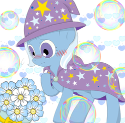 Size: 1592x1563 | Tagged: safe, artist:田中やすよ, trixie, pony, unicorn, g4, blushing, bubble, cape, clothes, female, flower, hat, mare, solo, trixie's cape, trixie's hat