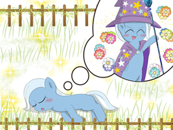 Size: 1600x1200 | Tagged: safe, artist:田中やすよ, trixie, pony, unicorn, g4, cape, clothes, female, hat, mare, sleeping, trixie's cape, trixie's hat