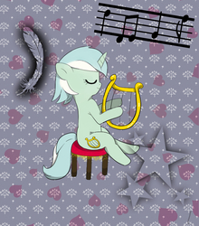 Size: 762x867 | Tagged: safe, artist:田中やすよ, lyra heartstrings, pony, unicorn, g4, eyes closed, female, harp, lyre, mare, musical instrument, solo, stool