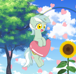 Size: 1600x1555 | Tagged: safe, artist:田中やすよ, lyra heartstrings, pony, unicorn, g4, :d, blushing, cloud, cute, female, floating, floating heart, flower, heart, looking at you, lyrabetes, mare, open mouth, pixiv, rainbow, shrunken pupils, sky, smiling, solo, sunflower, tree