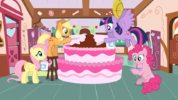 Size: 1280x720 | Tagged: safe, artist:agrol, applejack, fluttershy, pinkie pie, twilight sparkle, alicorn, earth pony, pegasus, pony, g4, cake, female, food, frosting, kitchen, smiling, twilight sparkle (alicorn)