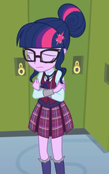 Size: 451x718 | Tagged: safe, screencap, sci-twi, twilight sparkle, equestria girls, g4, my little pony equestria girls: friendship games, canterlot high, clothes, crossed arms, crystal prep academy uniform, eyes closed, female, glasses, hair bun, necktie, pleated skirt, sad, school uniform, schoolgirl, skirt, socks