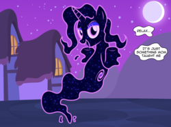 Size: 2956x2185 | Tagged: safe, artist:badumsquish, derpibooru exclusive, trixie, half-pony, hybrid, g4, alternate cutie mark, dialogue, dreamworks face, fangs, female, floating, high res, night, parent:tantabus, shrug, solo, species swap, talking to viewer, transformation