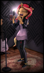 Size: 3776x6265 | Tagged: safe, artist:imafutureguitarhero, sunset shimmer, unicorn, anthro, plantigrade anthro, g4, 3d, absurd file size, absurd resolution, adidas, border, cable, carpet, chromatic aberration, clothes, dress, eyes closed, female, fender stratocaster, film grain, floppy ears, freckles, guitar, headphones, jacket, lamp, leather, leather jacket, lens flare, mare, microphone, multicolored hair, nose wrinkle, open mouth, pants, peppered bacon, pop filter, recording, recording studio, shoes, signature, singing, solo, source filmmaker, studio, tracksuit, vertical