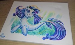 Size: 3264x1947 | Tagged: safe, artist:jowyb, rarity, seapony (g4), unicorn, g4, my little pony: the movie, blue mane, blue tail, blushing, bubble, crepuscular rays, cute, dorsal fin, eyeshadow, female, fin, fish tail, flowing mane, flowing tail, horn, looking at you, looking sideways, makeup, mare, ocean, seaponified, seapony rarity, signature, smiling, smiling at you, solo, species swap, sunlight, swimming, tail, traditional art, underwater, water, watercolor painting