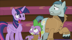 Size: 1152x646 | Tagged: safe, screencap, on stage, spike, twilight sparkle, alicorn, dragon, earth pony, pony, g4, horse play, background pony, clipboard, creepy, creepy smile, faic, feather, female, folded wings, gritted teeth, looking back, male, mare, notepad, raised hoof, smiling, stallion, twilight sparkle (alicorn), unshorn fetlocks, wings, worried