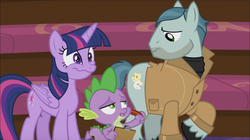 Size: 1152x647 | Tagged: safe, screencap, on stage, spike, twilight sparkle, alicorn, dragon, earth pony, pony, g4, horse play, background pony, clipboard, clothes, creepy, creepy smile, faic, feather, female, folded wings, male, mare, notepad, raised hoof, smiling, stallion, twilight sparkle (alicorn), unshorn fetlocks, wavy mouth, wings