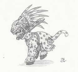 Size: 891x825 | Tagged: safe, artist:sensko, oc, oc only, pony, animal skin, aztec, grayscale, macuahuitl, monochrome, mouth hold, pelt, pencil drawing, solo, talacon, traditional art, warrior, weapon