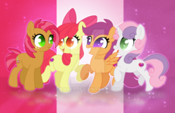 Size: 800x518 | Tagged: safe, artist:karzii, apple bloom, babs seed, scootaloo, sweetie belle, earth pony, pegasus, pony, unicorn, g4, colored pupils, cutie mark, cutie mark crusaders, deviantart watermark, female, filly, obtrusive watermark, smiling, the cmc's cutie marks, watermark