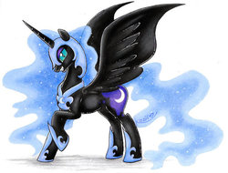 Size: 600x455 | Tagged: safe, artist:karzii, nightmare moon, alicorn, pony, g4, female, helmet, horseshoes, lowres, mare, peytral, simple background, smiling, solo, spread wings, traditional art, wings