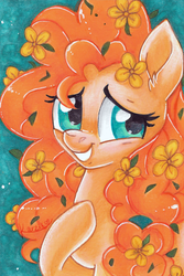 Size: 400x600 | Tagged: safe, artist:karzii, pear butter, earth pony, pony, g4, bust, female, flower, flower in hair, hoof on chest, looking at you, mare, portrait, smiling, solo, stray strand, three quarter view, traditional art