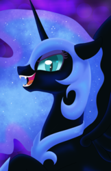 Size: 1024x1583 | Tagged: safe, artist:karzii, nightmare moon, alicorn, pony, g4, bust, fangs, female, helmet, looking at you, mare, open mouth, peytral, smiling, solo