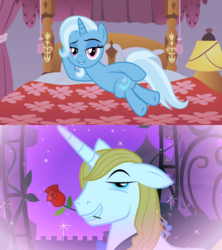 Size: 1920x2160 | Tagged: safe, artist:3d4d, edit, edited screencap, screencap, prince blueblood, trixie, pony, unicorn, g4, road to friendship, the best night ever, bed, draw me like one of your french girls, duckery in the comments, female, floppy ears, flower, flower in mouth, looking back, male, mare, mouth hold, prone, rose, rose in mouth, ship:bluetrix, shipping, stallion, straight