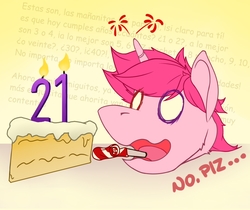 Size: 1192x1000 | Tagged: safe, artist:uliovka, oc, oc only, oc:basura, pony, unicorn, birthday, birthday candles, bust, cake, disembodied head, food, male, party horn, solo, song reference, spanish, stallion, white eyes