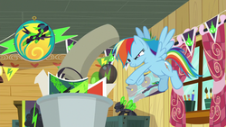Size: 1280x720 | Tagged: safe, screencap, rainbow dash, pegasus, pony, g4, the washouts (episode), female, flying, mare, slam dunk, solo, the washouts, trash can