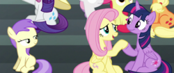 Size: 1059x444 | Tagged: safe, screencap, alula, apple bloom, applejack, fluttershy, pluto, rarity, sweetie belle, twilight sparkle, alicorn, pony, g4, newbie dash, cropped, lidded eyes, out of context, smiling, twilight sparkle (alicorn)