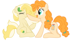 Size: 8159x4688 | Tagged: safe, artist:blue-vector, pear butter, oc, oc:radler, earth pony, pony, g4, absurd resolution, boop, cute, duo, female, mare, show accurate, simple background, transparent background, vector