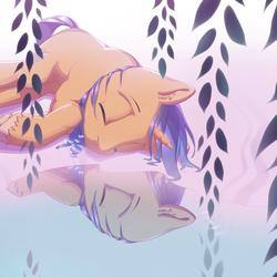 Size: 2000x2000 | Tagged: safe, artist:klooda, oc, oc only, pony, unicorn, blue hair, calm, colt, commission, eyes closed, high res, line, lineart, lying down, lying on the ground, male, reflection, shore, solo, water, ych result